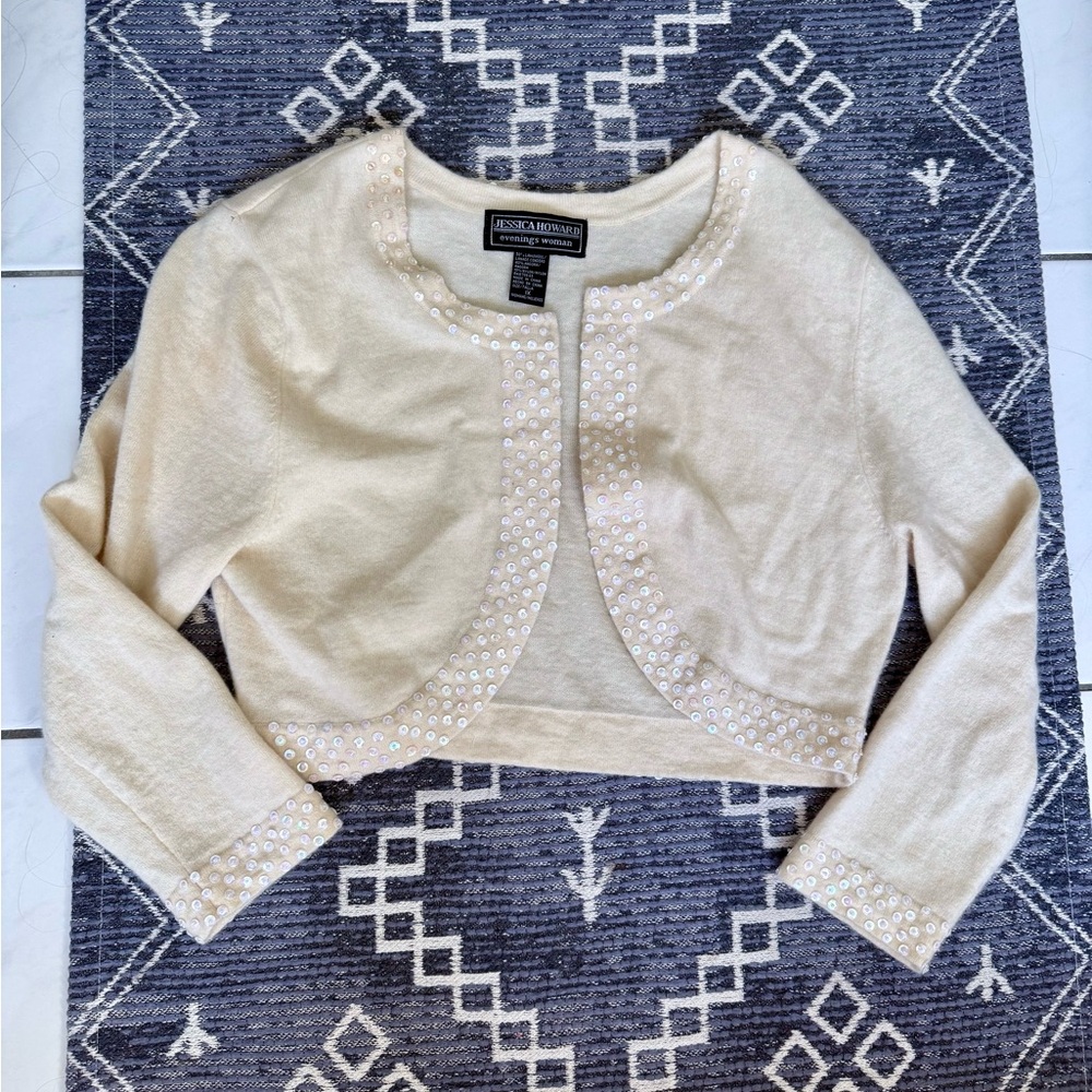 Jessica Howard Vintage Lambswool Angora Cream Embellish Sequin Cardigan Cropped